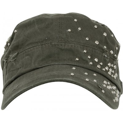 Baseball Caps Distressed Military Silver Round Studs Cadet Cap Flex-fit Army Style Hat - Khaki - CQ11ENSKYUX $32.02