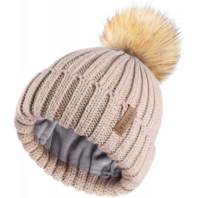 Skullies & Beanies Womens Winter Knitted Beanie Hat with Faux Fur Pom Fleece Lined Warm Beanie for Women - 15-smoke Gray - CM...