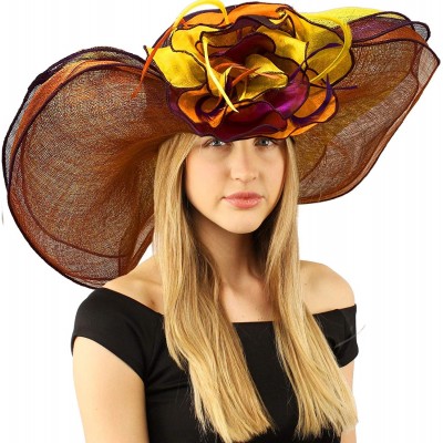 Sun Hats Summer Kentucky Derby Side Flip 7" Brim Layer Floppy Flower Feathers Hat - Purple - CA1969KCROS $39.32