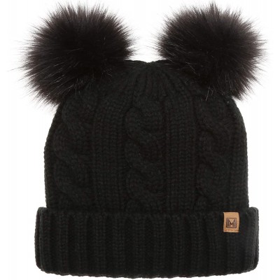 Skullies & Beanies Women's Winter Cable Knitted Faux Fur Double Pom Pom Beanie Hat with Plush Lining. - Black With Logo - CA1...