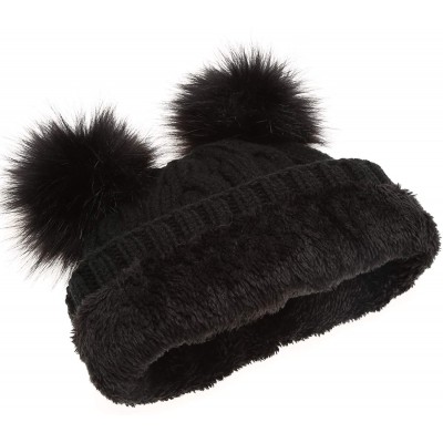 Skullies & Beanies Women's Winter Cable Knitted Faux Fur Double Pom Pom Beanie Hat with Plush Lining. - Black With Logo - CA1...